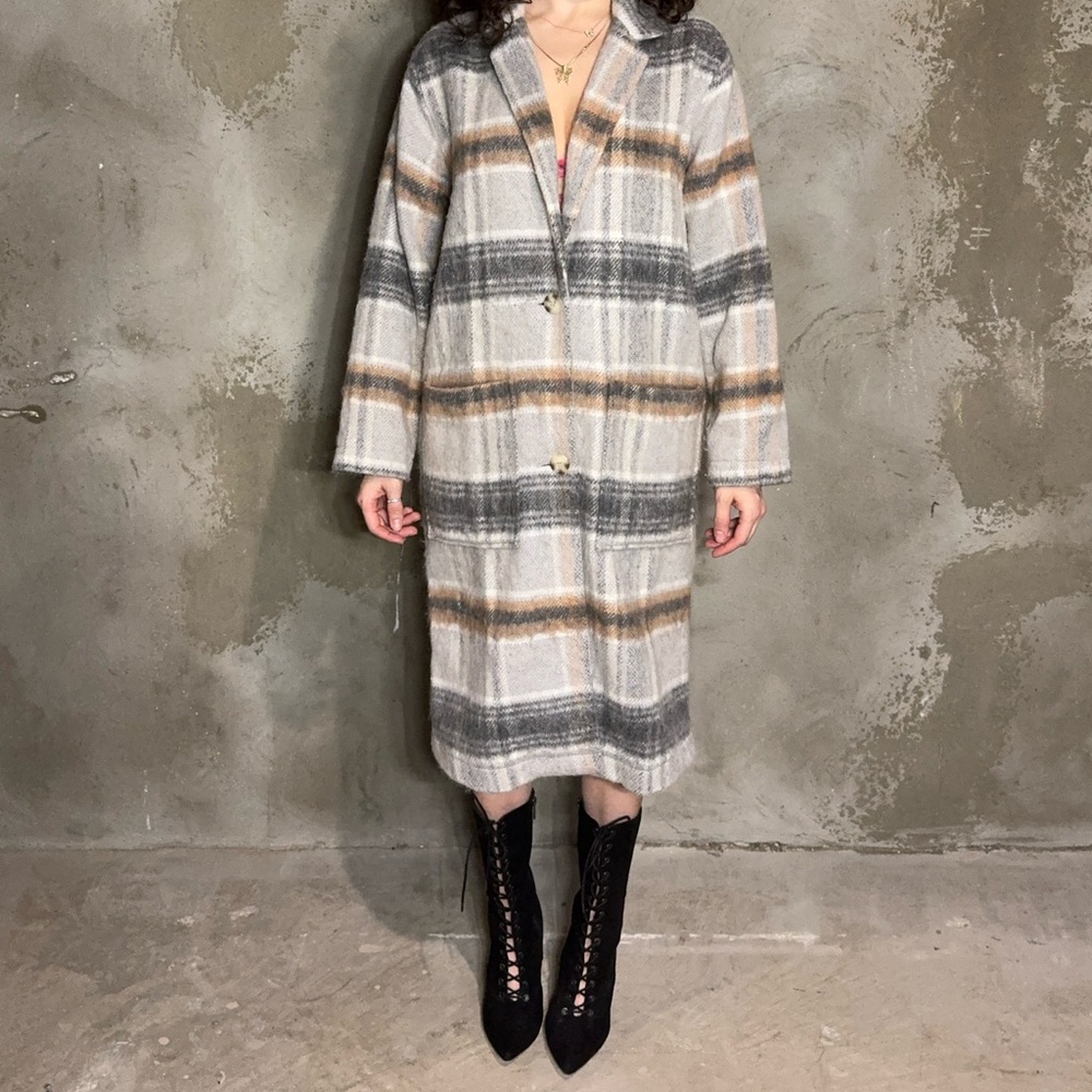 Topshop Plaid Coat in Gray and Brown